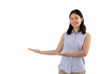 Beautiful young woman Looking camera showing copy space pointing.  isolated White background.