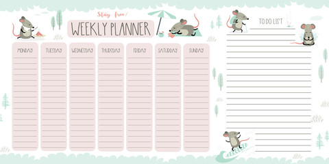 Weekly planner and to do list with cute rats, adorable wildlife animals. 2020 Year symbols. Template page.