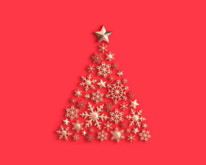 Golden snowflakes in the shape of a Christmas tree on red