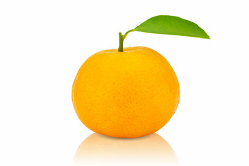 Orange fruit with leaf isolated on white background