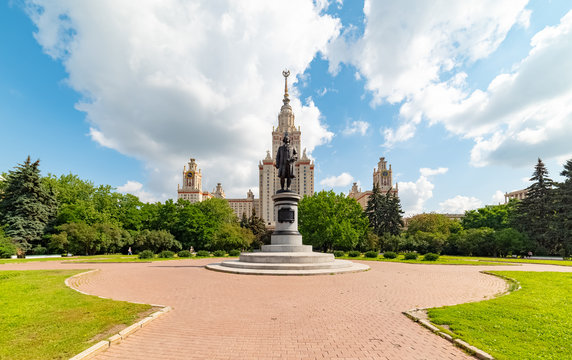 City the Moscow .view of the Moscow State University named after M.V. Lomonosov.Monument to Mikhail Lomonosov.Russia.2019
