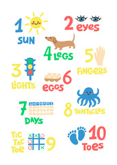 Fototapeta premium Numbers and counting practice printable poster, worksheet for pre school, kindergarten kids. Colorful numbers flashcard for kids.