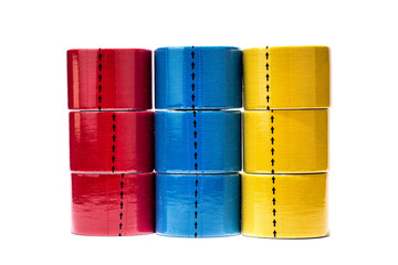 Colorful geometrical figures from reels of medical tape.