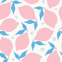 Stylized lemon seamless pattern in pink and blue. A pretty tropical fruit vector repeat design background.