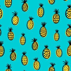 Neon pineapple seamless pattern. Cute hand drawn doodles. Vector template design for textile, backgrounds, packages, wrapping paper, fabric, wallpaper.