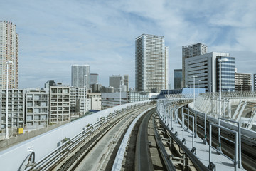 Cityscape from monorail sky train in Tokyo