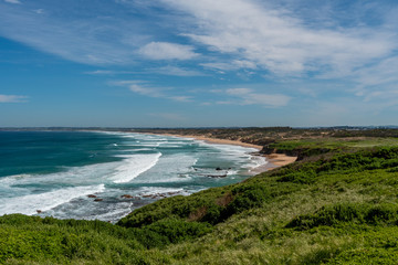 The famous Woolamai Surf Beach on Phillip Island in Victoria, Australia, on a partially cloudy day...