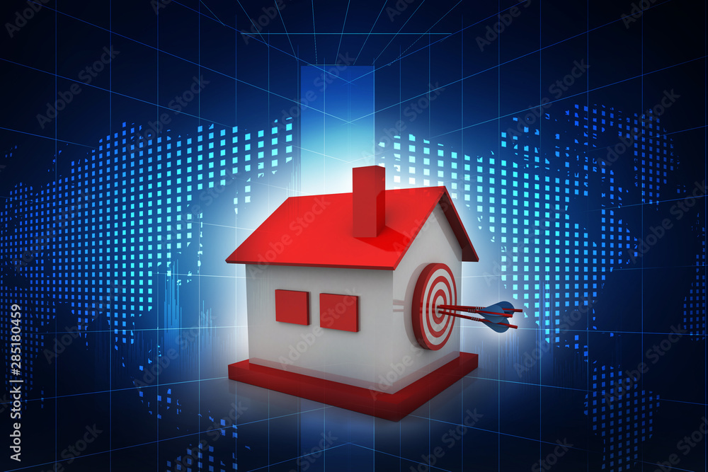 Poster 3d rendering house and red darts target