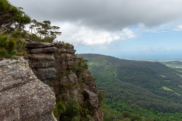 A rocky and grey cliff edge with trees and vegetation on top, overlooks the dense Australia forest  on a partially cloudy day at Drawing Room Rocks in NSW, Australia