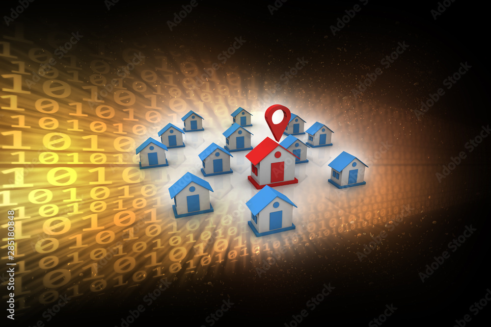 Poster 3d illustration search for property.a map with large red gps pointer containing