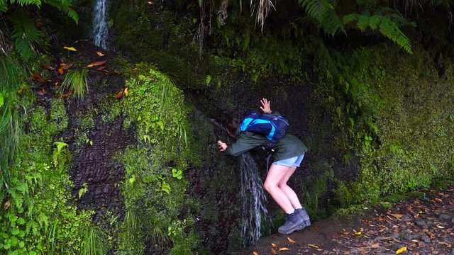 Young woman hiker drinks fresh water from waterfall near trail, Madeira