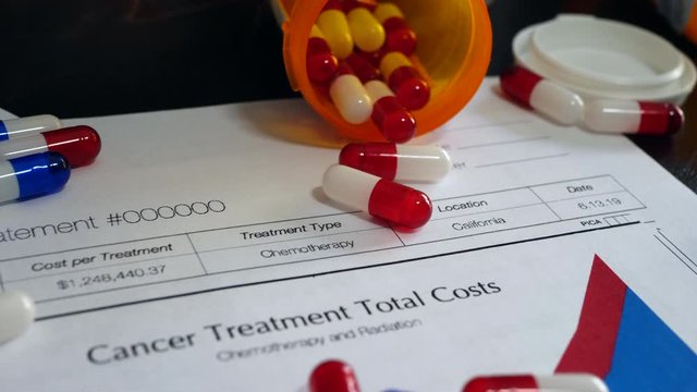 Expensive cancer treatment pills falling in slow motion on a prop medical patient insurance form showing high cost of treatment.