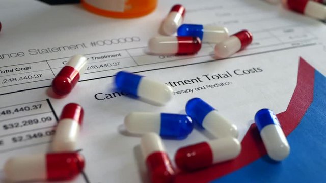 Cancer treatment prescription pills spilling onto a prop medical health insurance form SLOW MOTION.