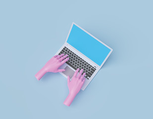 Fototapeta na wymiar pink Mannequin Hand typing on a laptop. Blogging concept. 3d rendering