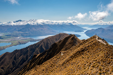 Beautiful panoramic Lake and Southern Alps scenery from the top of Roy's Peak Wanaka