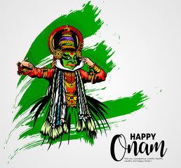 illustration of colorful Kathakali dancer and snakeboat race in Onam celebration on background for Happy Onam 