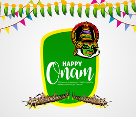 illustration of colorful Kathakali dancer and snakeboat race in Onam celebration on background for Happy Onam 
