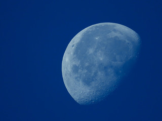 a very dense close-up of a decreasing moon in the morning sky