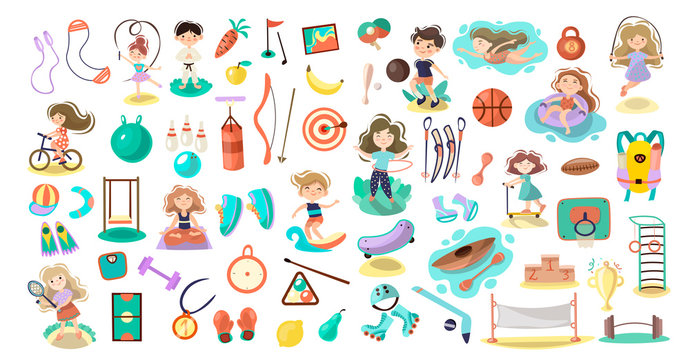 Kids Doing Sport Games, Vector Cartoon Illustration. Playing, Jumping, Swimming Boys And Girls With Sports Equipment, Balls. Sport Games And Summer Kids Activities With Equipment On White Background