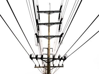 Electricity pole, Black and White electric pole on bright sky, high-voltage tower on white background