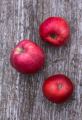 Fresh red apples on a wooden grey bench in the garden
