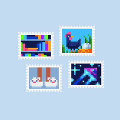 Vintage postmark template pixel art icon, books, chicken, slippers and spaceship. Design for logo, sticker and mobile app. Сartoon flat style. Isolated vector illustration. 