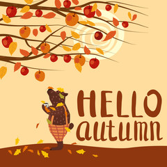 Cute autumn bear covered in fallen autumn leaves with a cup of coffee, Hello Autumn lettering, fall under apple tree