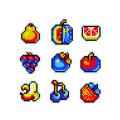 Colored stickers pixel art fruits icons set, pear, plum, grapes, strawberry, cherry and banana. Design for logo, sticker and mobile app. Isolated vector illustration.