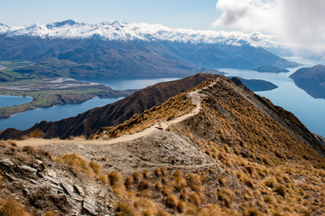 Beautiful panoramic Lake and Southern Alps scenery from the top of Roy's Peak Wanaka