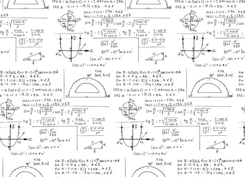 Vintage education background. Trigonometry law theory and mathematical formula equation on whiteboard. Vector hand-drawn seamless pattern.