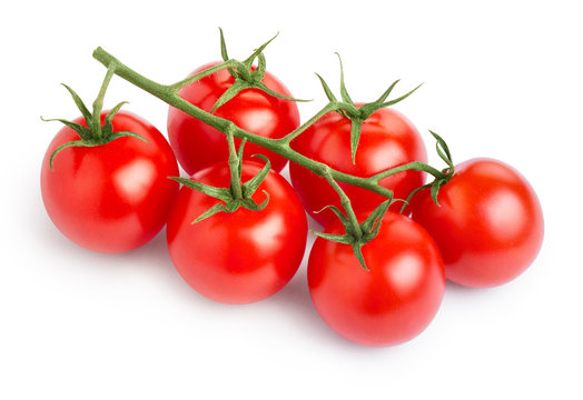 Branch of delicious fresh cherry tomatoes, isolated on white background