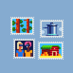 Vintage postmark template pixel art icon, forest, couple of friends, boiling pot, house. Design for logo, sticker and mobile app. Сartoon flat style. Isolated vector illustration. 