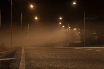  foggy night road,dim yellow light of street lamps.asphalt road. city night landscape © Екатерина Белоусова