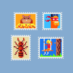 Vintage postmark template pixel art icon, hamster, superhero, ant, girl on a swing. Design for logo, sticker and mobile app. Сartoon flat style. Isolated vector illustration. 