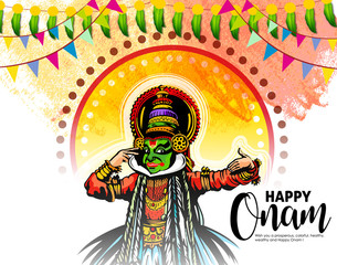 Obraz na płótnie Canvas illustration of colorful Kathakali dancer and snakeboat race in Onam celebration on background for Happy Onam 