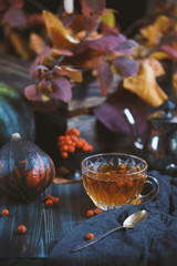 Cup with warm tea on a table on a background of orange leaves and pumpkins. Cozy, home concept