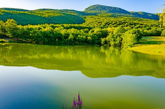 Crimea.Lake.Mountains.Green forest.Panorama.The Village Hero. Mount Boyka.Trees near the lake.