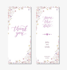 Wedding set template with flowers and hand lettering. Thank you, save the date.