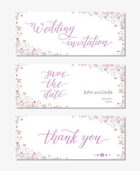 Wedding set template with flowers and hand lettering. Wedding invitation, thank you, save the date.