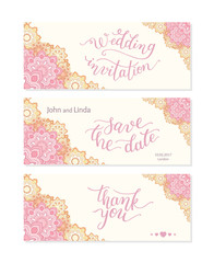 Wedding set template with flowers and hand lettering. Wedding invitation, thank you, save the date.