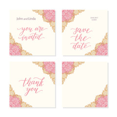 Wedding set template with flowers and hand lettering. You are invited, thank you, save the date.