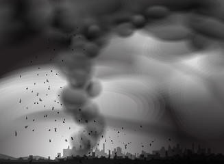 Destructive Hurricane over the city.  Wind cyclone, twisted vortex, dangerous natural disaster Vector Mockup Illustration. Huge Tornado, Storm, Danger Wind Waterspout. Smoke transparency effects
