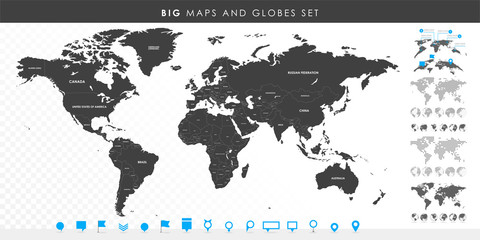 Big set of High Detailed Maps and Globes. Pins collection. Different effects. World Map and infograpchic elements. Political countries World Map. Vector illustration