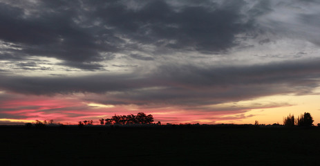 panoramic wide view of a colorful cloudy sunset in rural farmland with trees silhouetted against the orange sky. rural Victoria, Australia