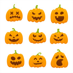 9 orange halloween pumpkins set with scary face expression grimace flat style design vector illustration isolated on white background.