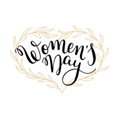 Obraz premium Hand lettering Women's Day and leaves heart wreath