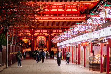 Asakusa Sensoji temple shopping street and Hozomon gate red lantern