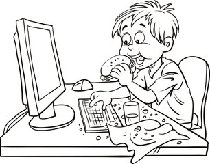 the child eats in front of the computer
