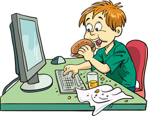 the child eats in front of the computer