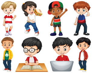 set of isolated children doing different activities